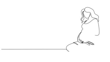 Karnında elleri olan hamile bir kadının çizgi çizimi. Çizgi sanatı animasyonu.