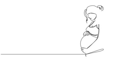 Karnını tutan hamile bir kadının çizgi çizimi. Çizgi sanatı animasyonu.