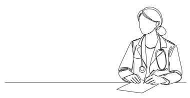 Steteskoplu kadın tıp doktorunun sürekli çizdiği çizimler not alıyor, çizgiler çizimleri çiziyor.