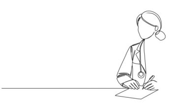 Steteskoplu kadın tıp doktorunun sürekli çizdiği çizgi çizimleri not alıyor, çizgi çizimleri yapıyor.