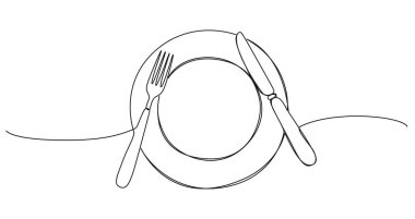 Tabağa sürekli çatal ve bıçak çizimi, çizgili sanat vektörü çizimi