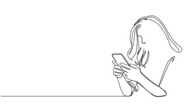 akıllı telefon, çizgi sanat animasyonu kullanan genç bir kızın sürekli çizimi