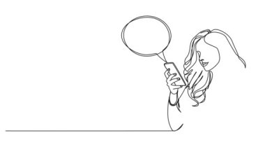 akıllı telefon kullanarak iletişim kuran genç bir kadının çizgi çizimleri, çizgi çizimleri.