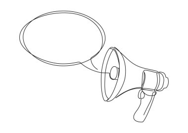 Konuşma baloncuklu bir megafonun aralıksız tek satır çizimi, anons mesajı konsept çizgisi sanat vektörü çizimi