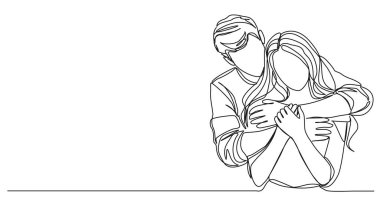 Sürekli tek sıra halinde çiftlerin kucaklaşması, erkeğin arkadan kadının kollarına sarılması, sanat vektörü çizimi.