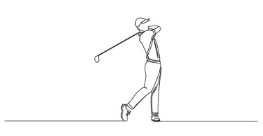 Golf sopası sallayan erkek golfçülerin aralıksız çizimleri, çizgi çizimleri, resim çizimleri.