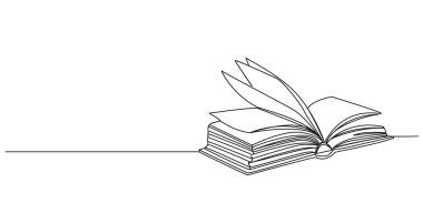 Açık kitabın aralıksız tek satır çizimi, çizgi sanat vektörü çizimi