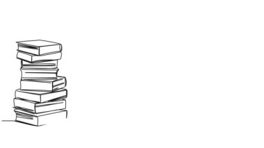 Büyük kitap yığınları ve açık kitap, çizgi sanat animasyonunun sürekli tek satır çizimi