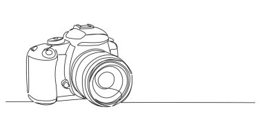 DSLR kamerasının aralıksız tek çizgi çizimi, çizgi sanat vektörü illüstrasyonu