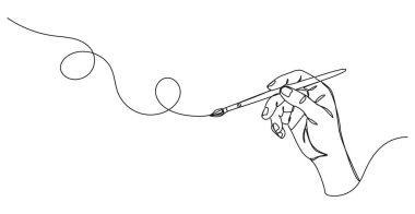 Boya fırçasını tutan tek bir çizginin sürekli çizimi, çizgi resim çizimi