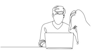 Animasyon halinde dizüstü bilgisayara, çizgi çizimlerine bakan genç kadın ve erkek çizimleri.