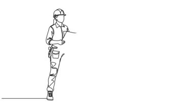 kadın inşaat işçisi ya da inşaat planı tutan inşaat mühendisi çizgi çizimleri, çizgi sanatı animasyonu