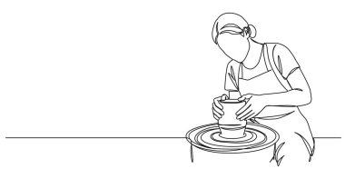 Kadın çömlekçi çiziminin aralıksız tek çizgi çizimi, çizgi sanat vektörü çizimi