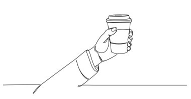 Tek sıra halinde, tek kullanımlık kahve fincanı ve kapaklı el yapımı çizimler. Sanat vektörü çizimleri için kahve.