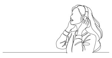 Sürekli müzik dinleyen genç bir kadın çizimi. Kulaklıklar, çizgi çizimleri, resim çizimleri.