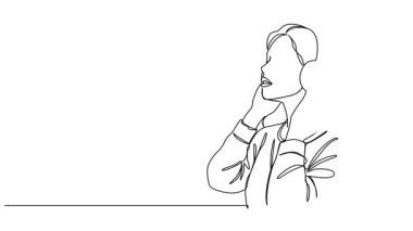 Müzik dinleyen genç bir kadının sürekli hareketli tek çizgi çizimi. Kulaklıklar, çizgi resim animasyonları.