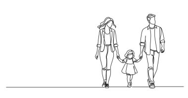 Anne ve babamın, yürümeye yeni başlayan kızla el ele yürüdüğü tek bir çizgi çizimi.