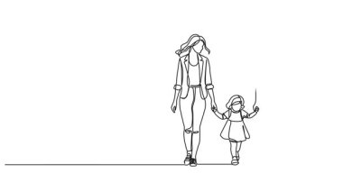 Animasyonlu tek çizgi halinde anne ve babanın yürüdüğü küçük kızla el ele yürüdüğü çizgi çizimi.