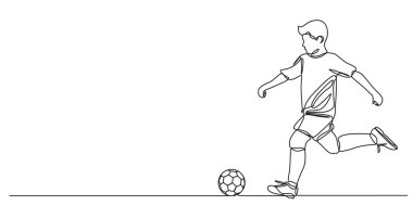 Futbol oynayan oğlanın sürekli tek çizgi çizimi, çizgi sanat vektörü çizimi