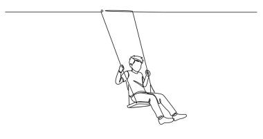 Salıncakta sallanan çocuğun sürekli tek çizgi çizimi, çizgi sanat vektörü çizimi