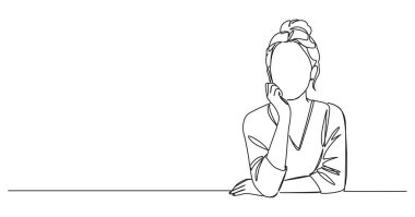 Düşünceli bir kadının sürekli çizdiği çizimler, eller çenede, çizgi çizimleri, sanat vektörü çizimleri.