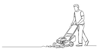 Çim biçme makinesiyle çim biçen tek sıra insan çizimi, çizgili sanat vektörü çizimi