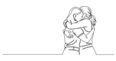 Sarılan iki genç kadının durmaksızın çizdiği çizgi çizimi, çizgi çizimi.