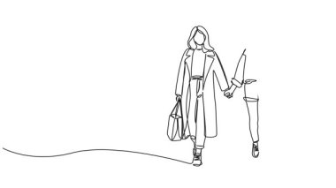 İki genç kadının el ele yürüdüğü çizgi çizimleri. Çizgi sanatı animasyonu.