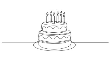 Bir doğum günü pastasının mumlu sürekli çizimi, çizgi sanat vektörü illüstrasyonu