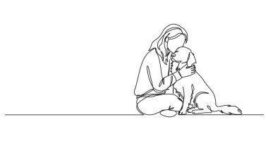 Kadının sürekli köpeğine sarıldığı tek çizgi çizimi, çizgi çizimi.