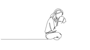 Animasyonlu tek sıra halinde sürekli olarak köpeğine sarılan bir kadın çizimi.