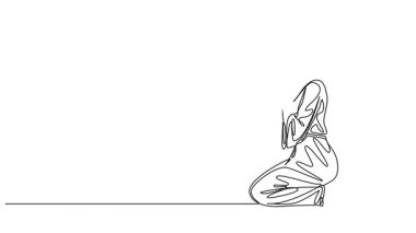 Animasyonlu tek çizgi halinde dizlerinin üzerinde dua eden kadın çizimi, çizgi sanatı animasyonu