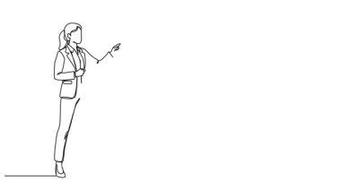 animasyonlu tek çizgi halinde iş kadını çizimi eliyle işaret ediyor, çizgi sanatı animasyonu