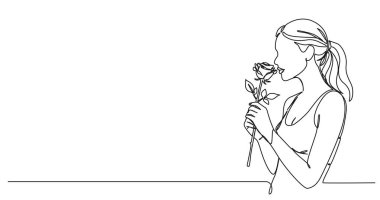 Çiçek tutan ve koklayan genç bir kadının durmaksızın çizdiği çizgi çizimi.