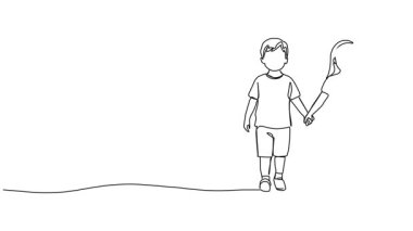 Animasyonlu tek çizgi halinde genç kız ve erkek el ele tutuşarak yürüyorlar.