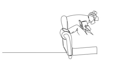 Animasyon çizimleri. Koltuğunda dinlenen kadın çizimleri. Kitap okumak, çizgi sanatı animasyonu.