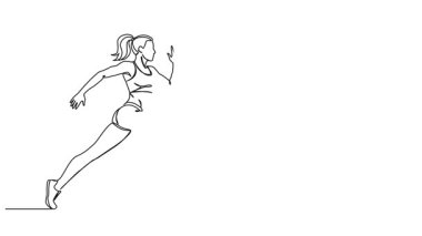 Çizgi sanatı animasyonu, koşan kadın sporcunun sürekli tek çizgi çizimi