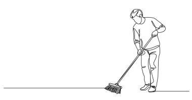 Süpürge kullanarak yerleri süpüren bir adamın sürekli çizdiği çizgi çizimi.
