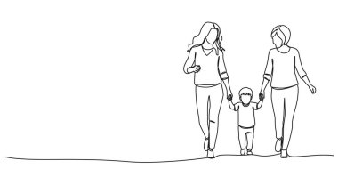 İki kadının, genç bir çocukla el ele yürüdüğü tek çizgi çizimi. Çizgi çizimi, sanat vektörü çizimi.