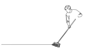 Yerleri süpürmek için süpürge kullanan bir adamın sürekli çizdiği çizgi çizimi.