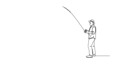 Balıkçı oltası ve çizgi sanatı animasyonuyla insan balıkçılığının sürekli çizimi.