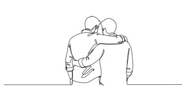 İki adamın sürekli tek çizgi çizimi, arkadaşlarının dikiz görüntüsü omuz çevresine kollar yerleştirmesi, çizgi sanat vektörü çizimi