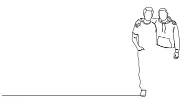 Animasyon halinde iki erkek arkadaşın kollarını birbirlerine doladıkları tek çizgi çizimleri, çizgi çizimleri.