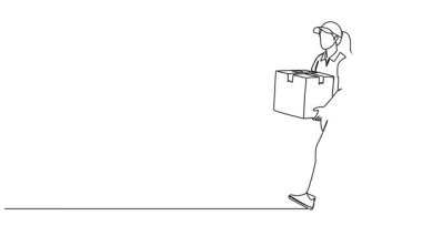 Animasyonlu tek çizgi çizimi. Paket taşıyan kadın paket dağıtıcısı, çizgi sanat animasyonu.