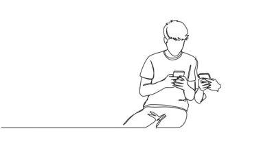 Animasyon halinde iki gencin akıllı telefonları ve çizgi çizimleri ile yan yana oturdukları çizimler.