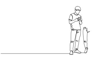 İki gencin akıllı telefonlarını, çizgi çizimlerini kullanarak yan yana durdukları animasyon çizimleri.