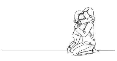 Annenin diz çökmüş, genç kızına sarılırken çizdiği tek çizgi çizimi.