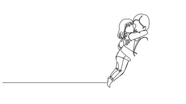 Animasyonlu tek çizgi halinde anne yerde diz çökmüş genç kızına sarılıyor, çizgi sanatı animasyonu