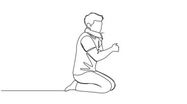 Animasyonlu tek çizgi halinde baba yerde diz çökmüş genç oğluna sarılıyordu. Çizgi sanat animasyonu.