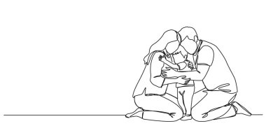 Anne ve babanın, genç çocuklarını kucakladıkları tek çizgi çizimleri, çizgi çizimleri, sanat vektörü çizimleri